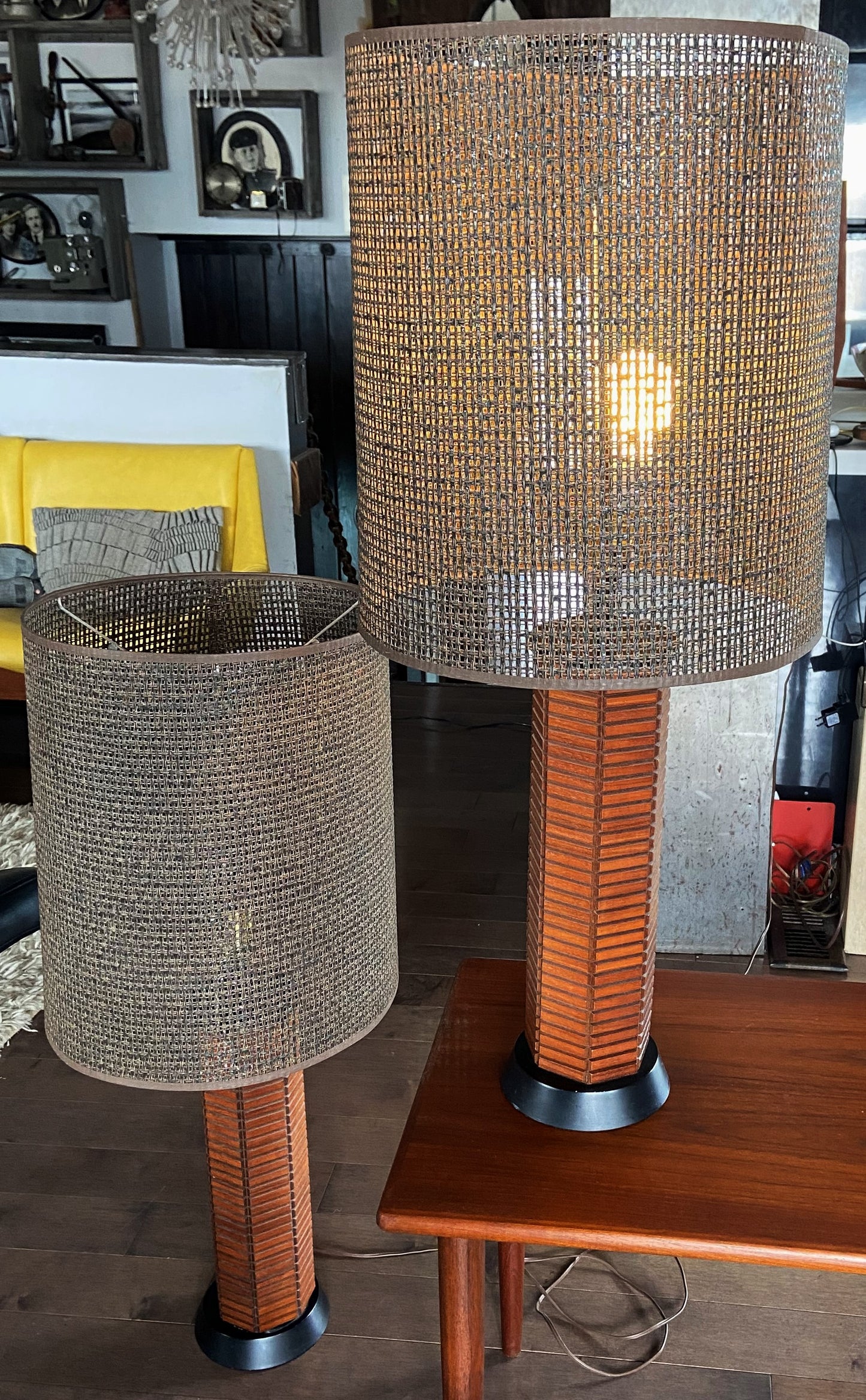 A pair of Mid Century Modern "Gruvwood" Table Lamps with Original Shades