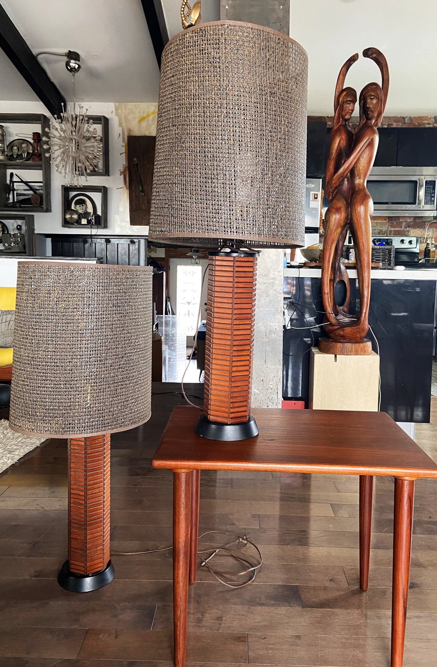 A pair of Mid Century Modern "Gruvwood" Table Lamps with Original Shades