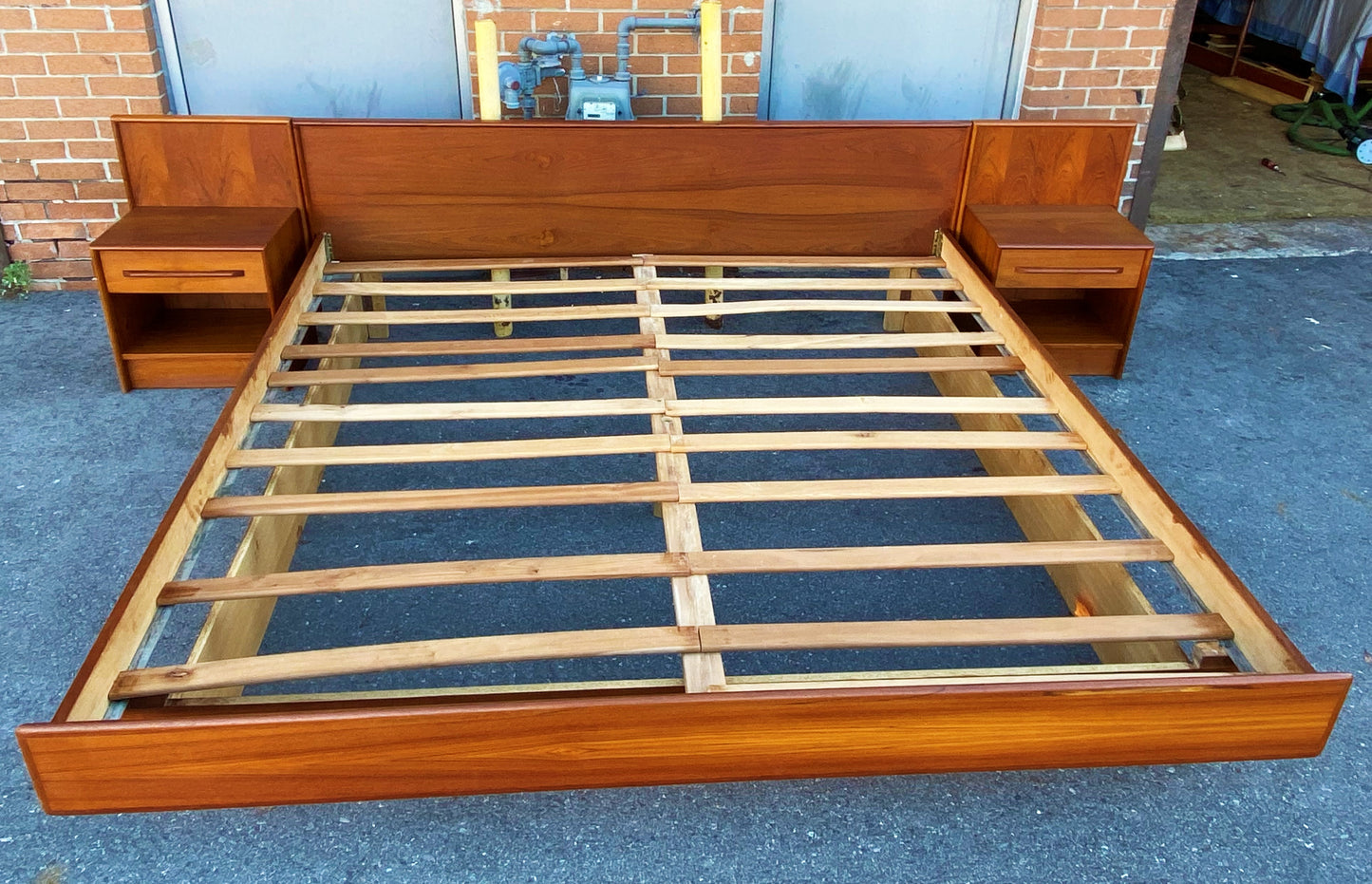 REFINISHED Mid Century Modern Teak King Bed w 2 Nightstands