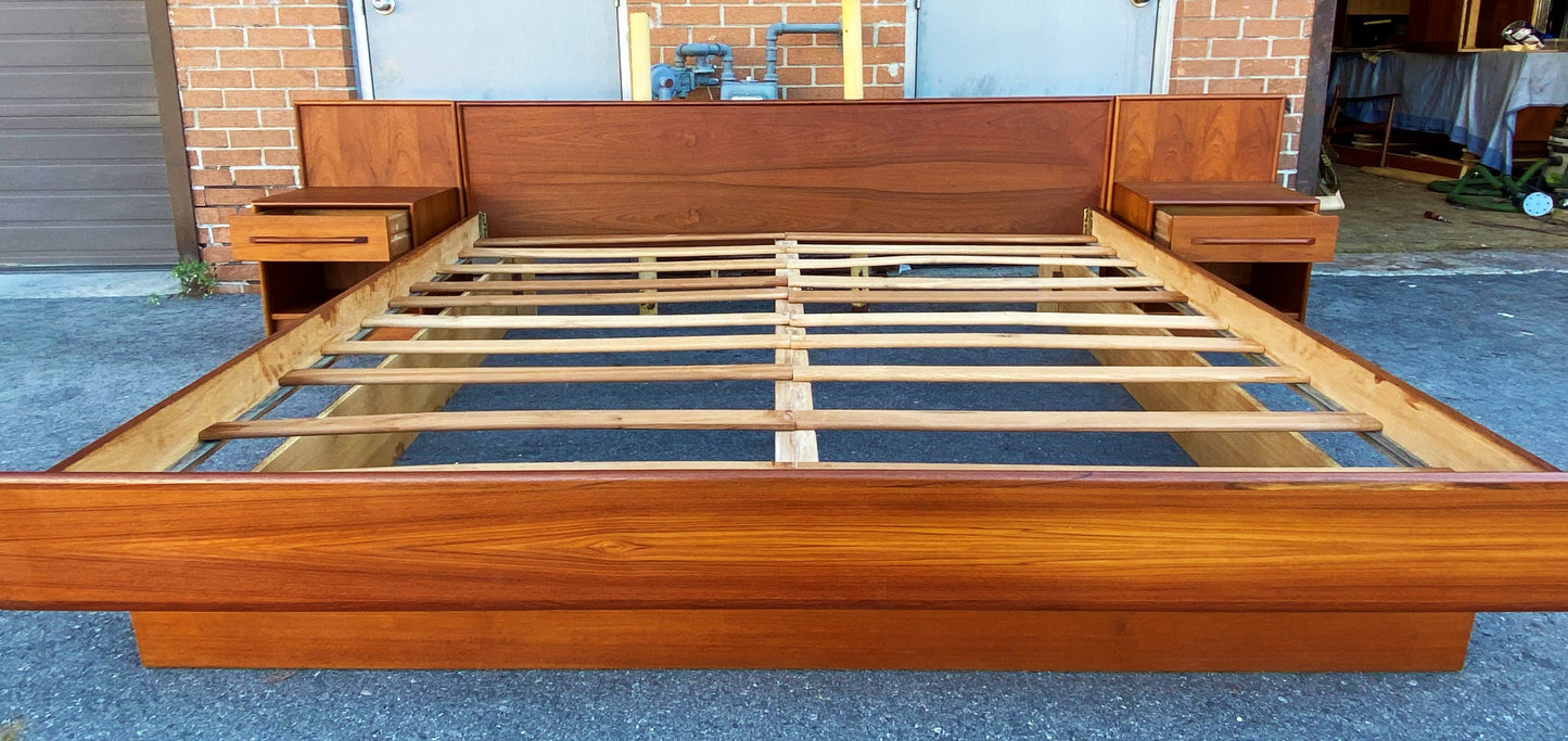 REFINISHED Mid Century Modern Teak King Bed w 2 Nightstands