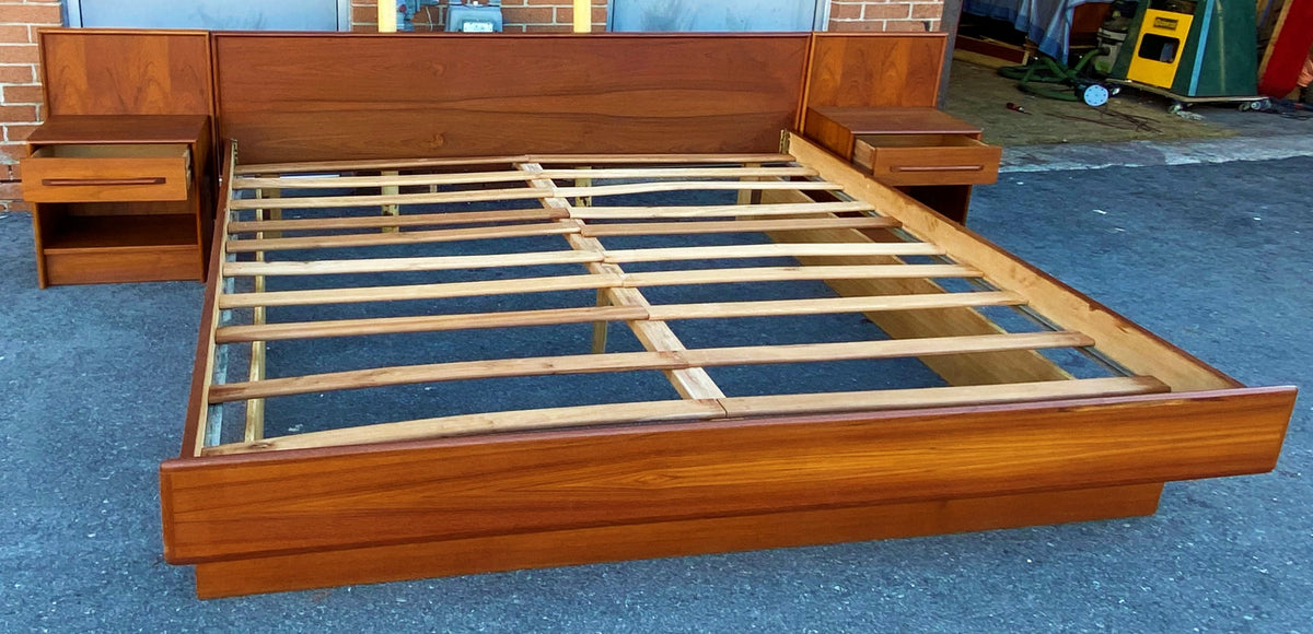 REFINISHED Mid Century Modern Teak King Bed w 2 Nightstands