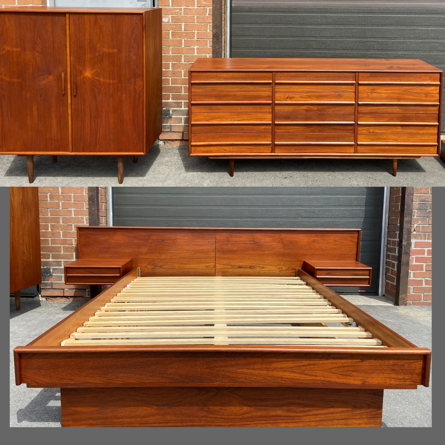 REFINISHED MCM Teak dresser, wardrobe & Queen platform bed w floating nightstands, Perfect