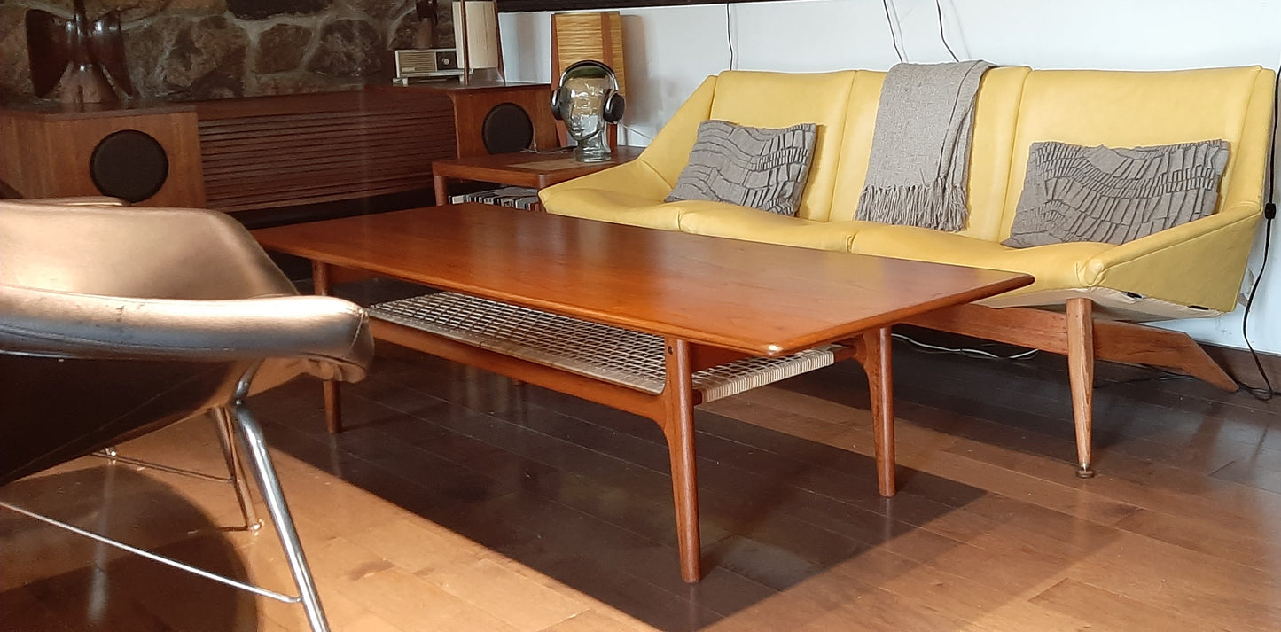 REFINISHED Danish Mid Century Modern XL Teak Coffee Table with Cane Shelf by Trioh