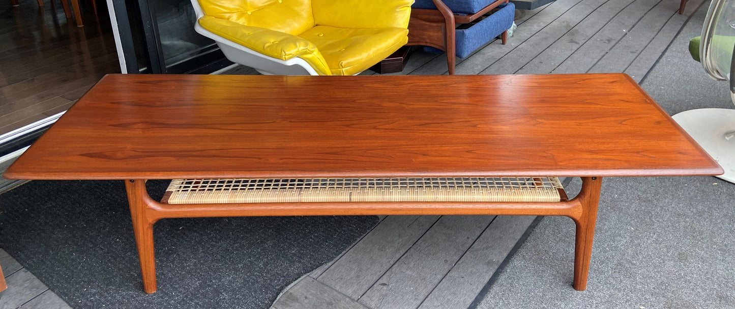 REFINISHED Danish Mid Century Modern XL Teak Coffee Table with Cane Shelf by Trioh