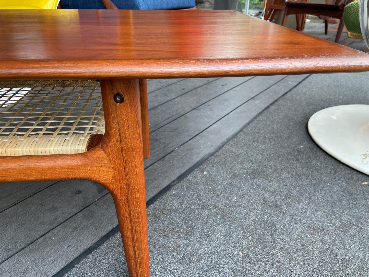 REFINISHED Danish Mid Century Modern XL Teak Coffee Table with Cane Shelf by Trioh