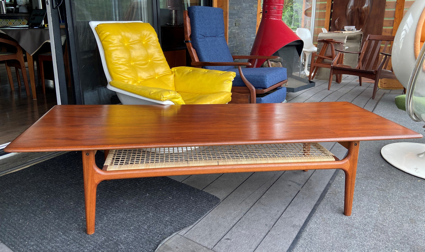 REFINISHED Danish Mid Century Modern XL Teak Coffee Table with Cane Shelf by Trioh