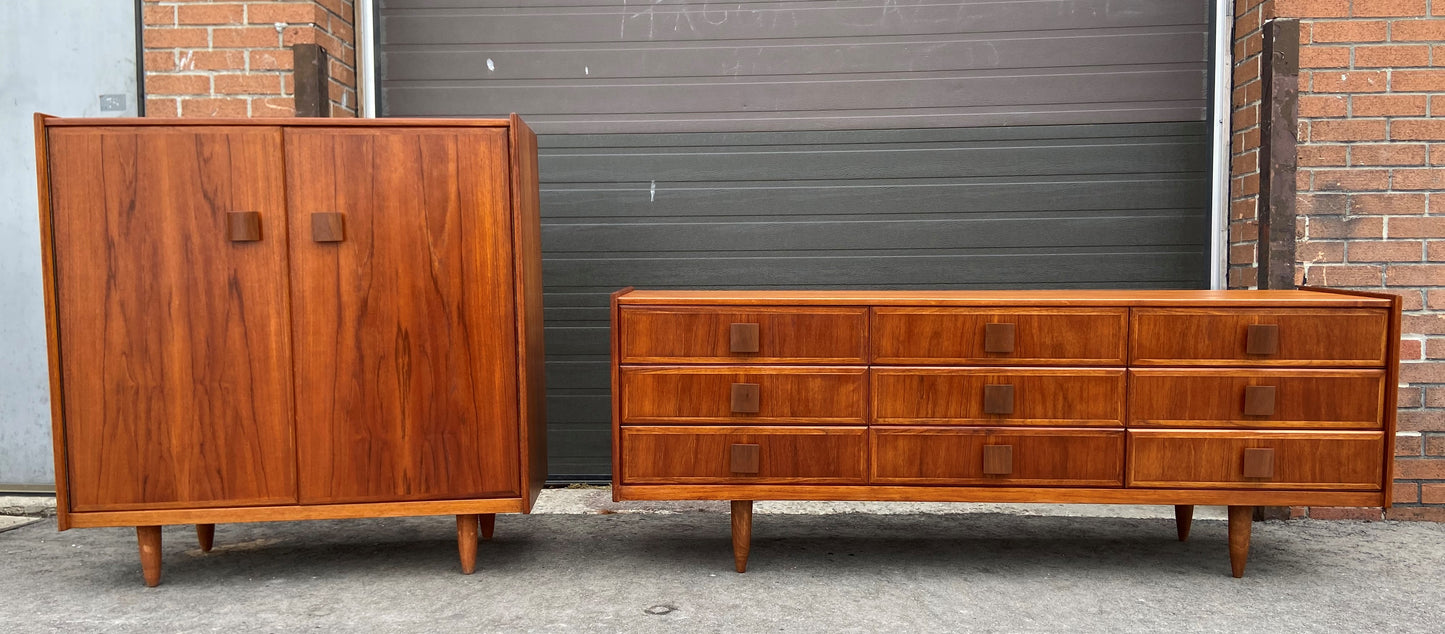 REFINISHED MCM Teak dresser, highboy & Queen platform bed w floating nightstands