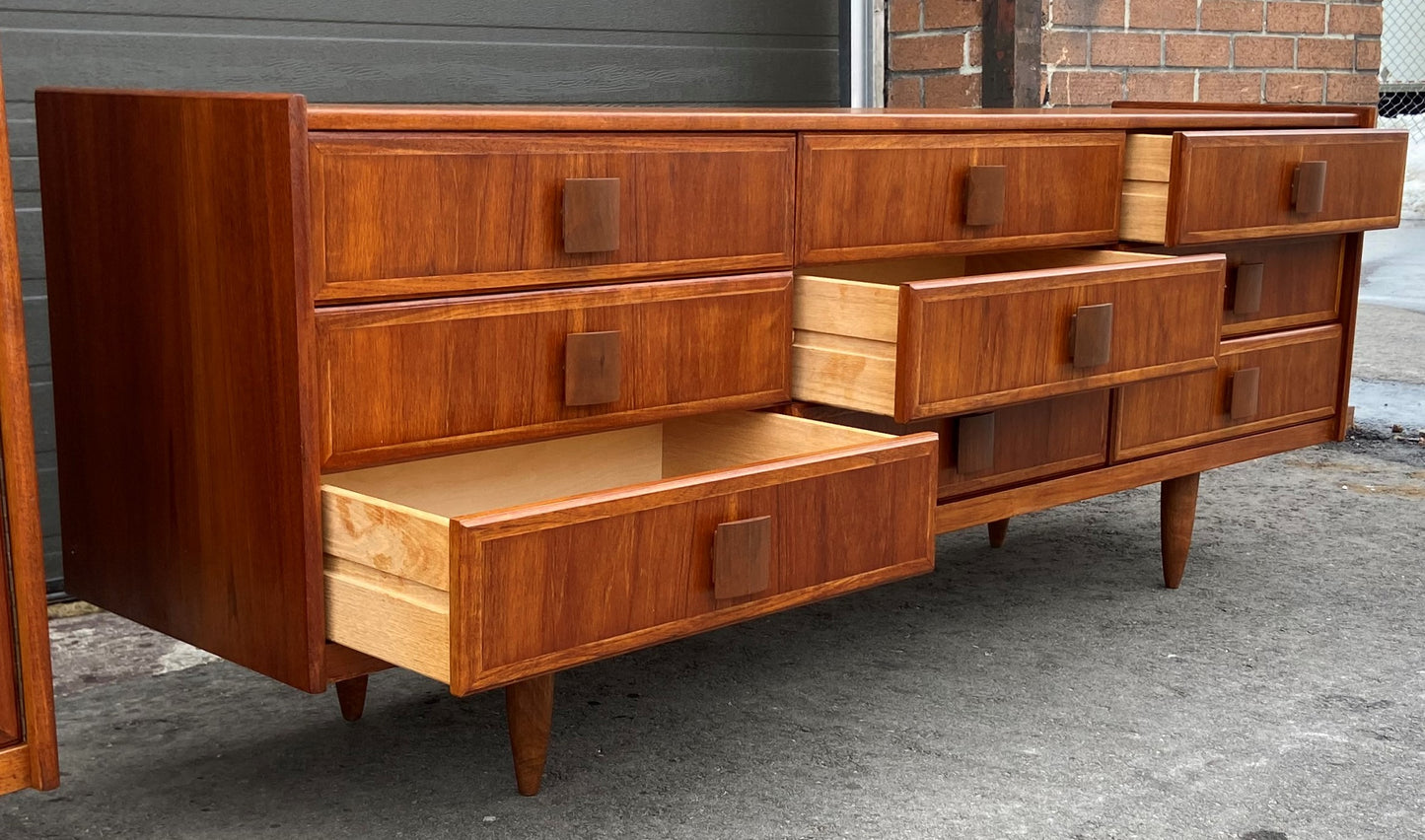 REFINISHED MCM Teak dresser, highboy & Queen platform bed w floating nightstands