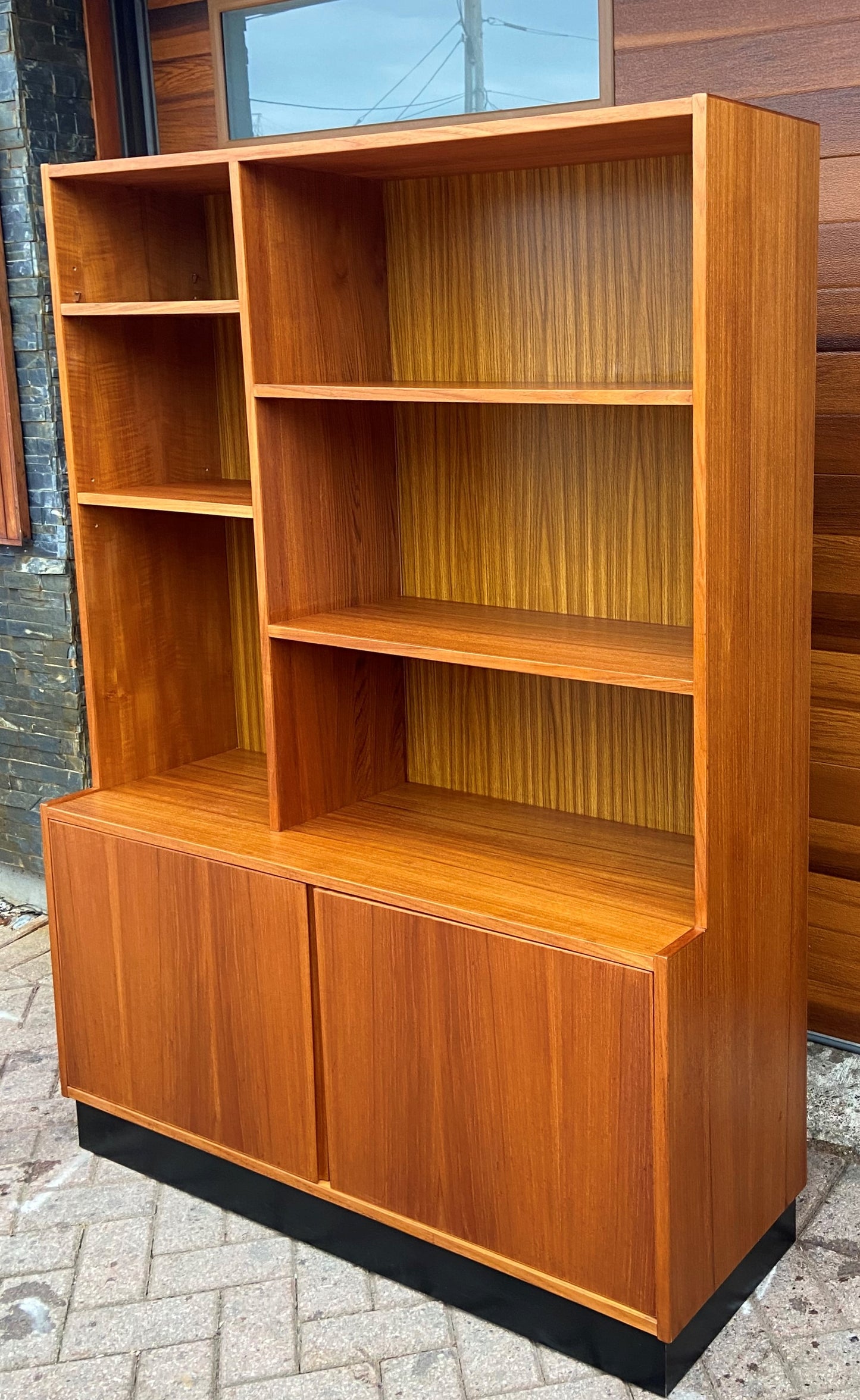 RESTORED Mid Century Modern teak tall cabinet with open and closed storage W48"