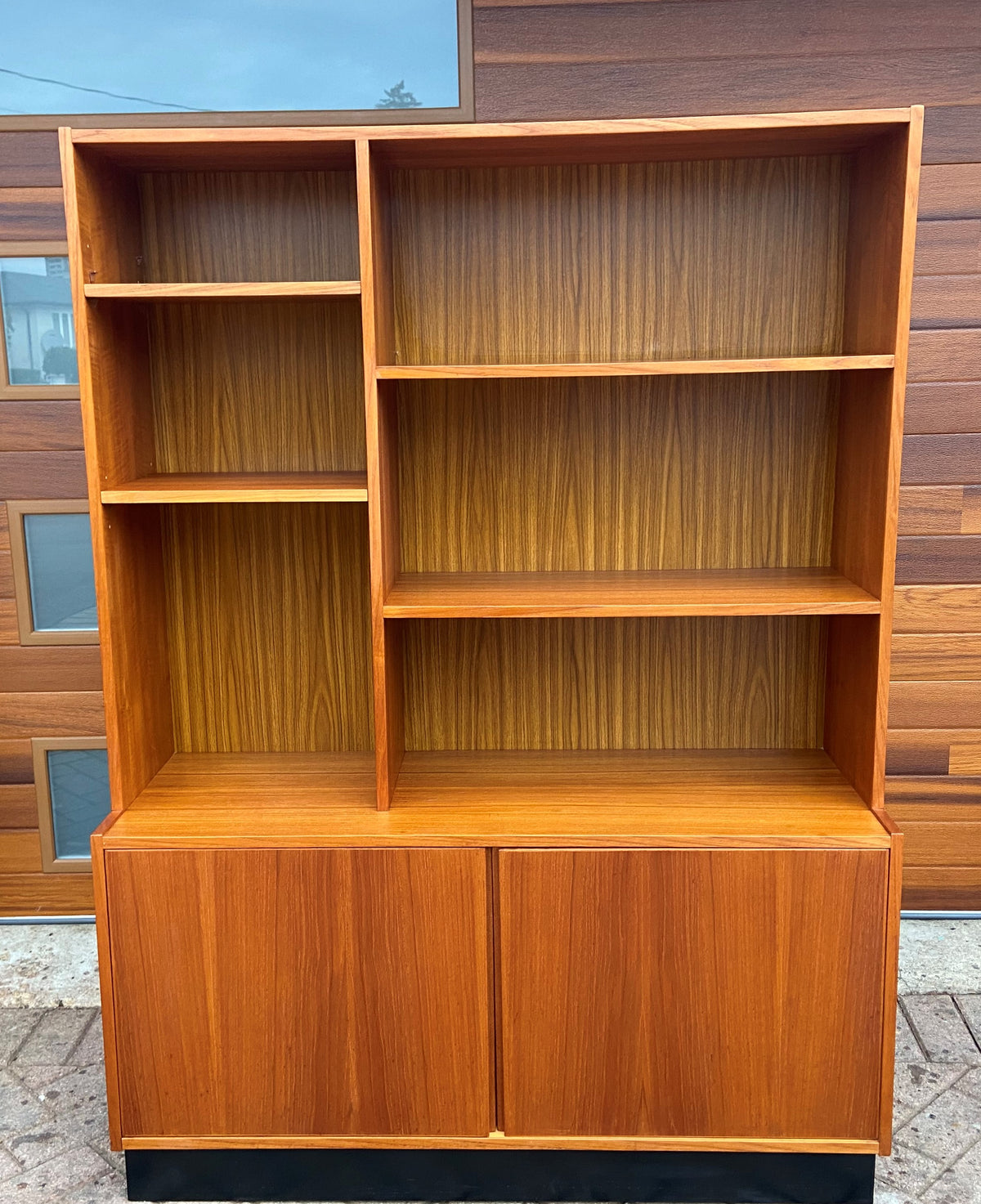 RESTORED Mid Century Modern teak tall cabinet with open and closed storage W48