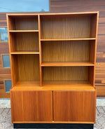 RESTORED Mid Century Modern teak tall cabinet with open and closed storage W48