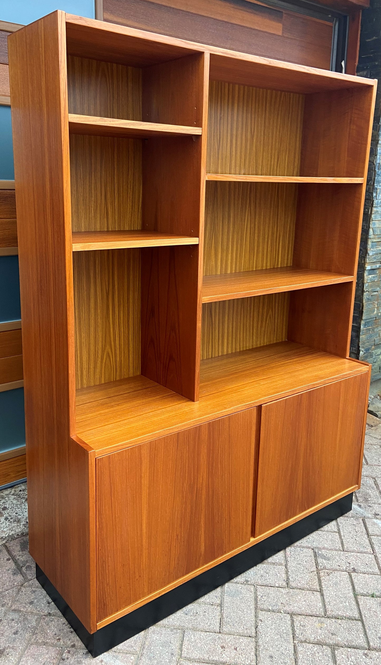 RESTORED Mid Century Modern teak tall cabinet with open and closed storage W48"