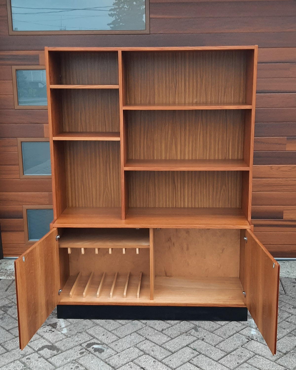 RESTORED Mid Century Modern teak tall cabinet with open and closed storage W48