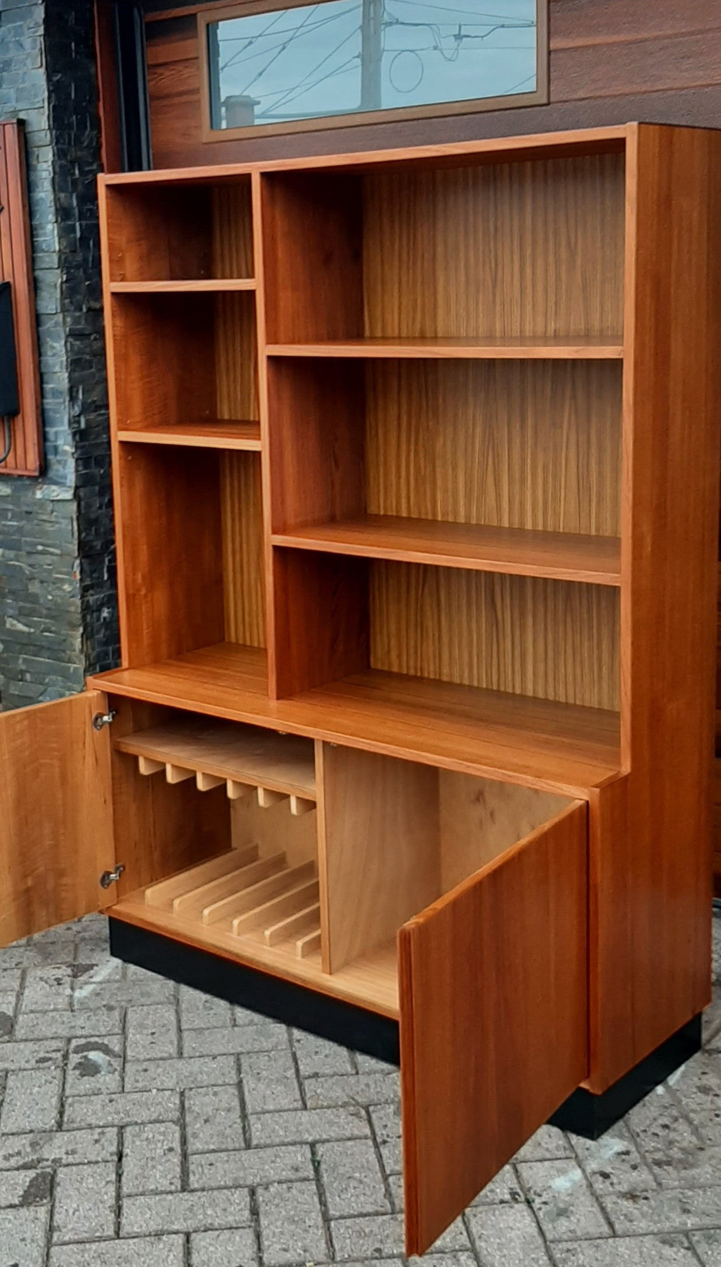 RESTORED Mid Century Modern teak tall cabinet with open and closed storage W48"