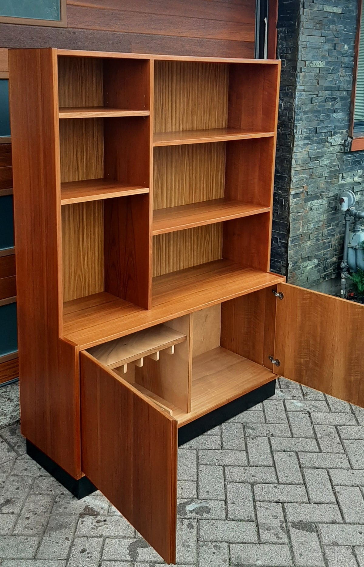 RESTORED Mid Century Modern teak tall cabinet with open and closed storage W48