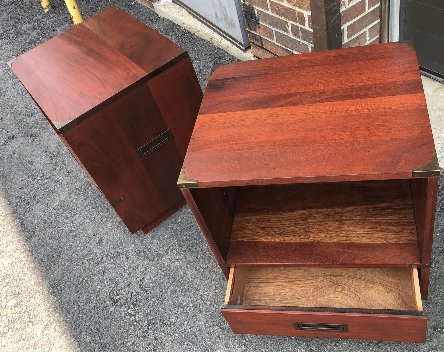 REFINISHED Pair of Mid-Century Solid Mahogany Campaign Nightstands or End /Side Tables with brass hardware - Mid Century Modern Toronto