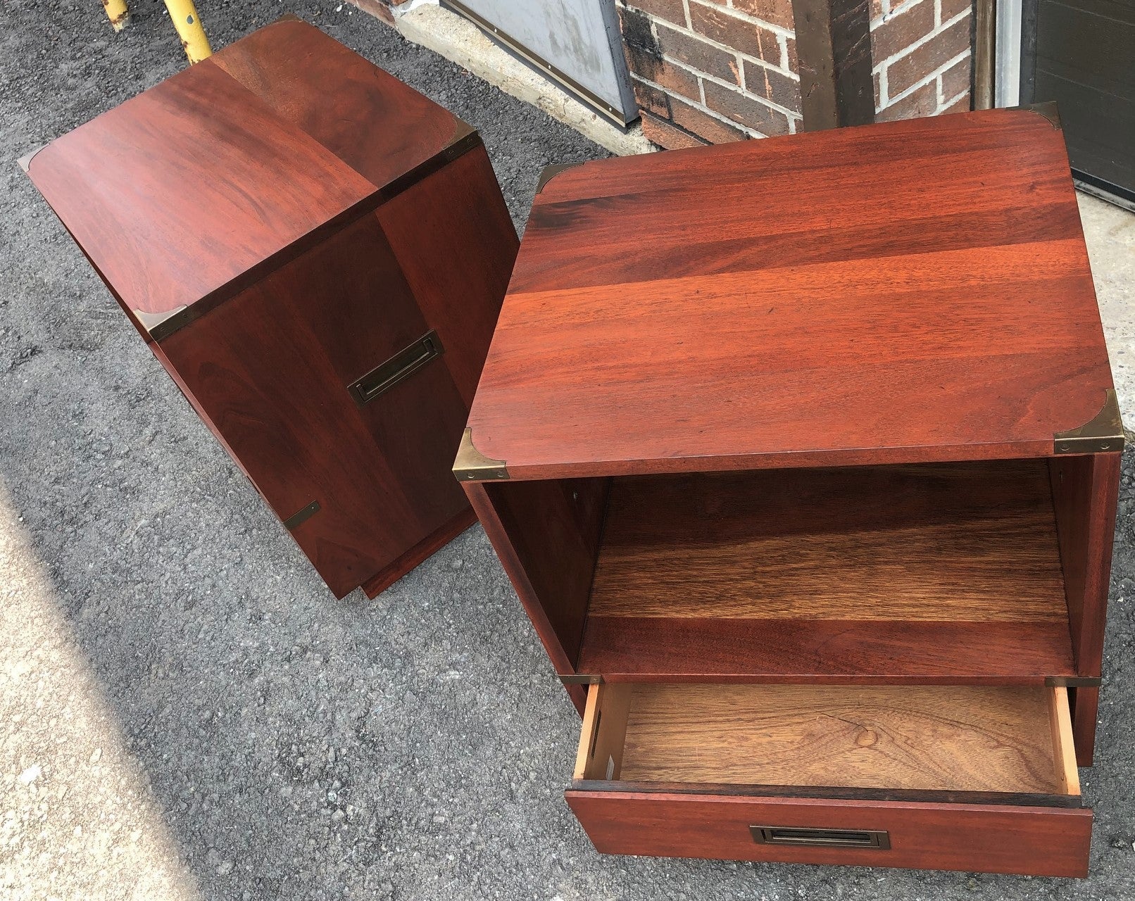 REFINISHED Pair of Mid-Century Solid Mahogany Campaign Nightstands or End /Side Tables with brass hardware - Mid Century Modern Toronto
