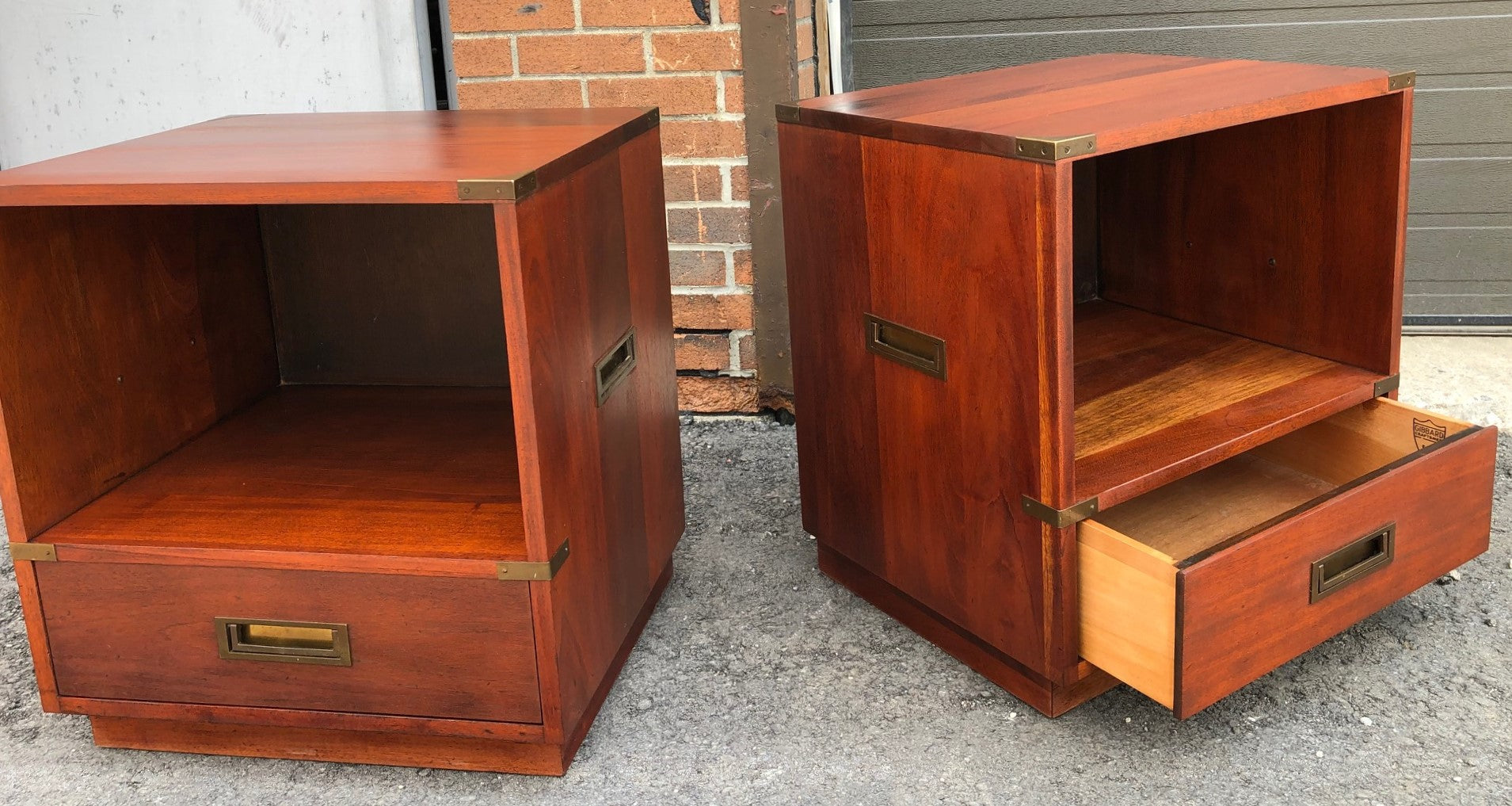 REFINISHED Pair of Mid-Century Solid Mahogany Campaign Nightstands or End /Side Tables with brass hardware - Mid Century Modern Toronto