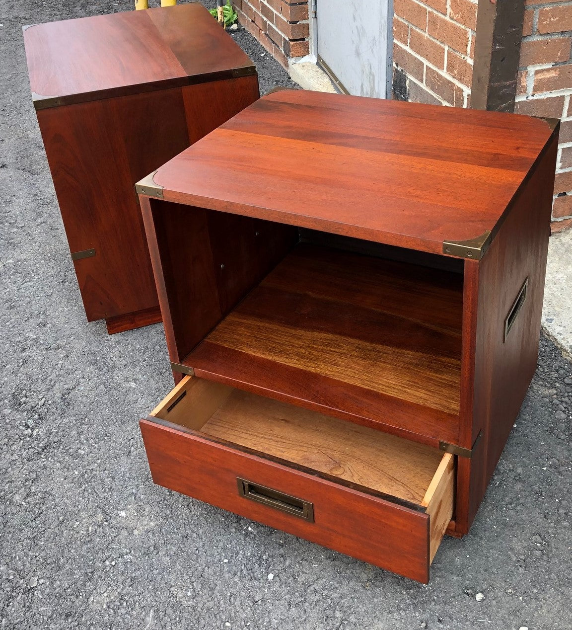 REFINISHED Pair of Mid-Century Solid Mahogany Campaign Nightstands or End /Side Tables with brass hardware - Mid Century Modern Toronto