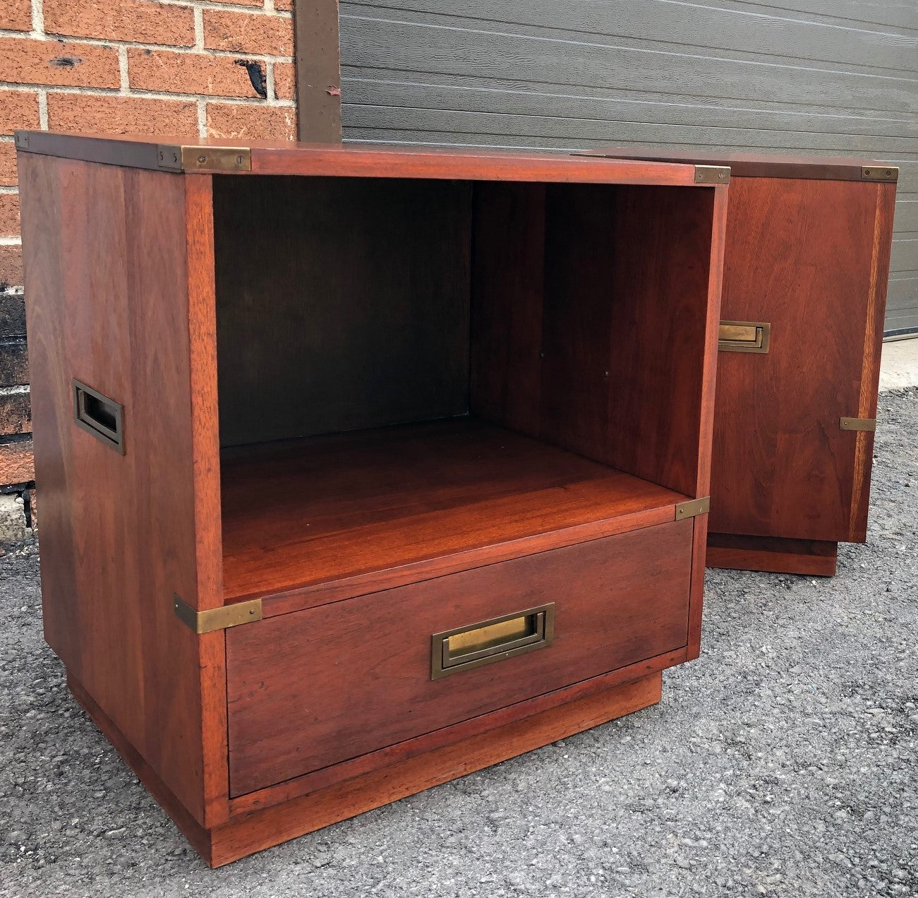 REFINISHED Pair of Mid-Century Solid Mahogany Campaign Nightstands or End /Side Tables with brass hardware - Mid Century Modern Toronto