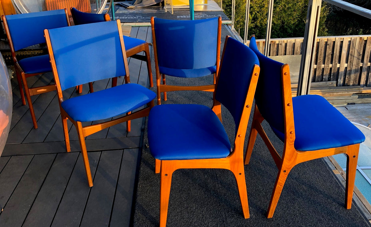 4 MCM Teak Chairs by Johannes Andersen RESTORED REUPHOLSTERED in Maharam fabric, each $179, PERFECT - Mid Century Modern Toronto