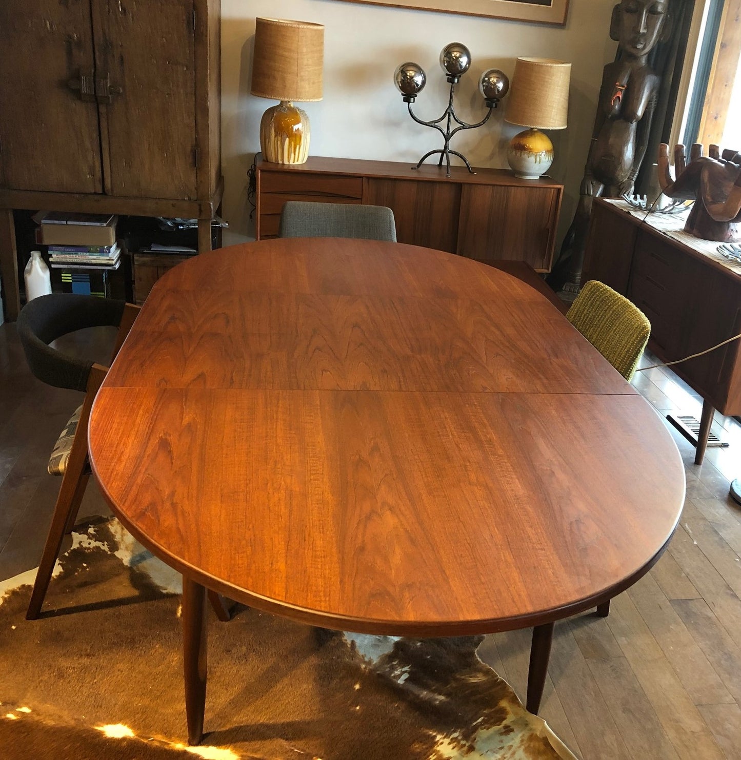 REFINISHED Danish MCM Oval Teak Table w 2 Leaves 57"-83.5", treated for durability - Mid Century Modern Toronto