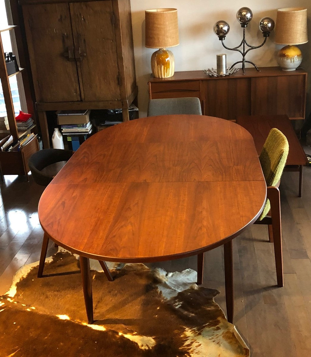 REFINISHED Danish MCM Oval Teak Table w 2 Leaves 57"-83.5", treated for durability - Mid Century Modern Toronto