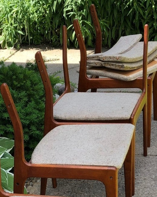 4 MCM Teak Chairs by Johannes Andersen RESTORED will be REUPHOLSTERED for you, each $245 - Mid Century Modern Toronto