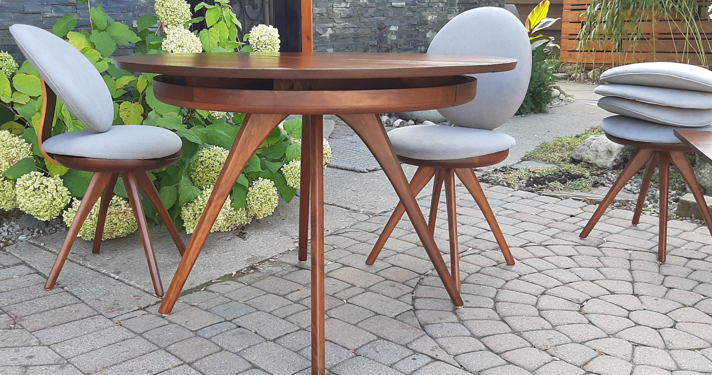 REFINISHED REUPHOLSTERED MCM Walnut Lollipop Extendable Table 42"-94" & 4 Chairs - Mid Century Modern Toronto