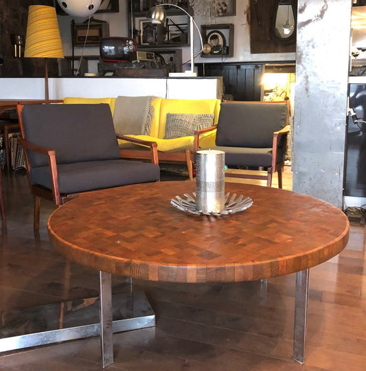 REFINISHED MCM  Solid Teak Mosaic Coffee Table Chrome legs D 40", perfect - Mid Century Modern Toronto