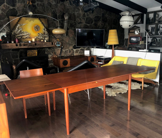 REFINISHED Danish MCM Teak Draw Leaf Table, PERFECT, specially treated for durability, 57"-101" - Mid Century Modern Toronto