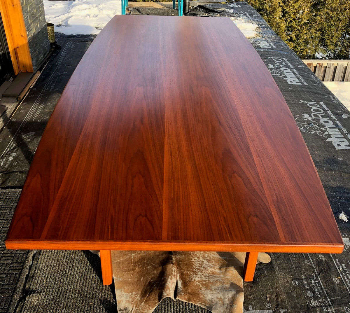 SOLD ****REFINISHED MCM Walnut dining or boardroom table boat shaped by Jens Risom 8ft, PERFECT, treated for durability - Mid Century Modern Toronto