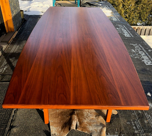 SOLD ****REFINISHED MCM Walnut dining or boardroom table boat shaped by Jens Risom 8ft, PERFECT, treated for durability - Mid Century Modern Toronto