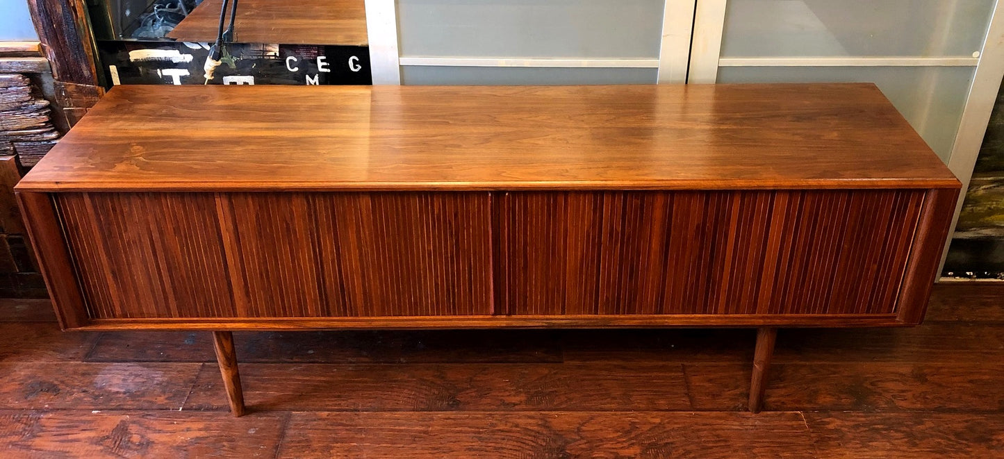 NOT AVAILABLE *****REFINISHED MCM Walnut TV Records Console Bar w Tambour door, Low Profile 6 ft - Mid Century Modern Toronto