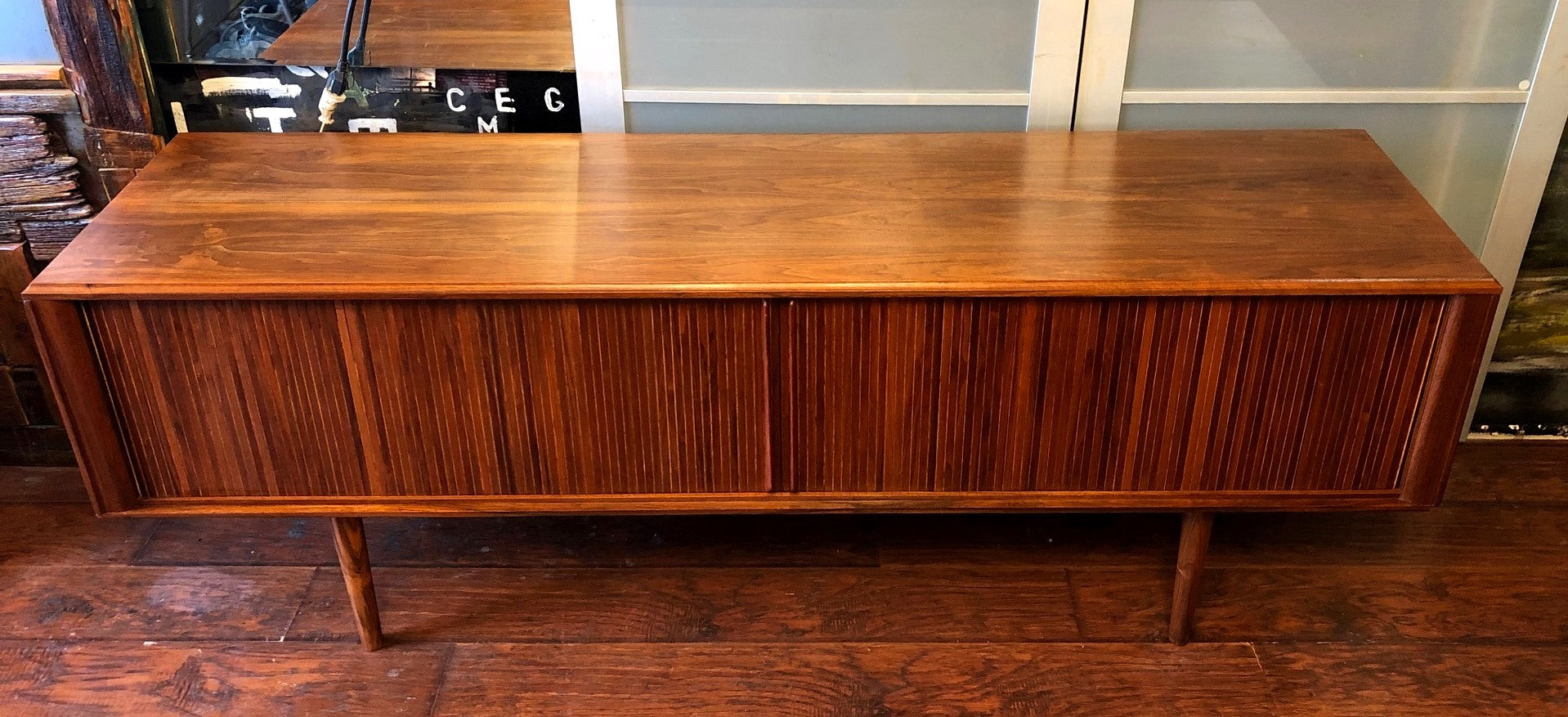 NOT AVAILABLE *****REFINISHED MCM Walnut TV Records Console Bar w Tambour door, Low Profile 6 ft - Mid Century Modern Toronto