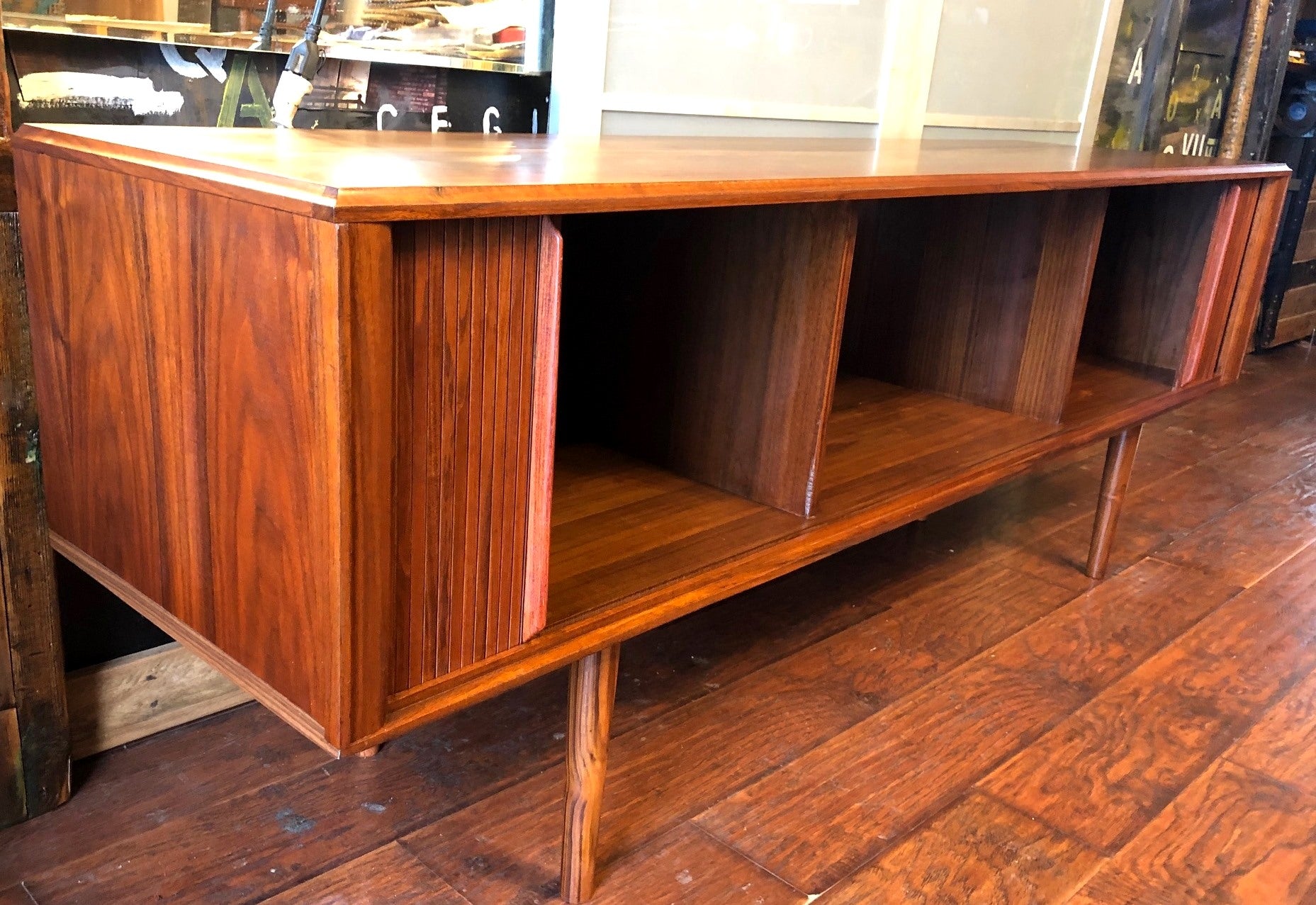 NOT AVAILABLE *****REFINISHED MCM Walnut TV Records Console Bar w Tambour door, Low Profile 6 ft - Mid Century Modern Toronto