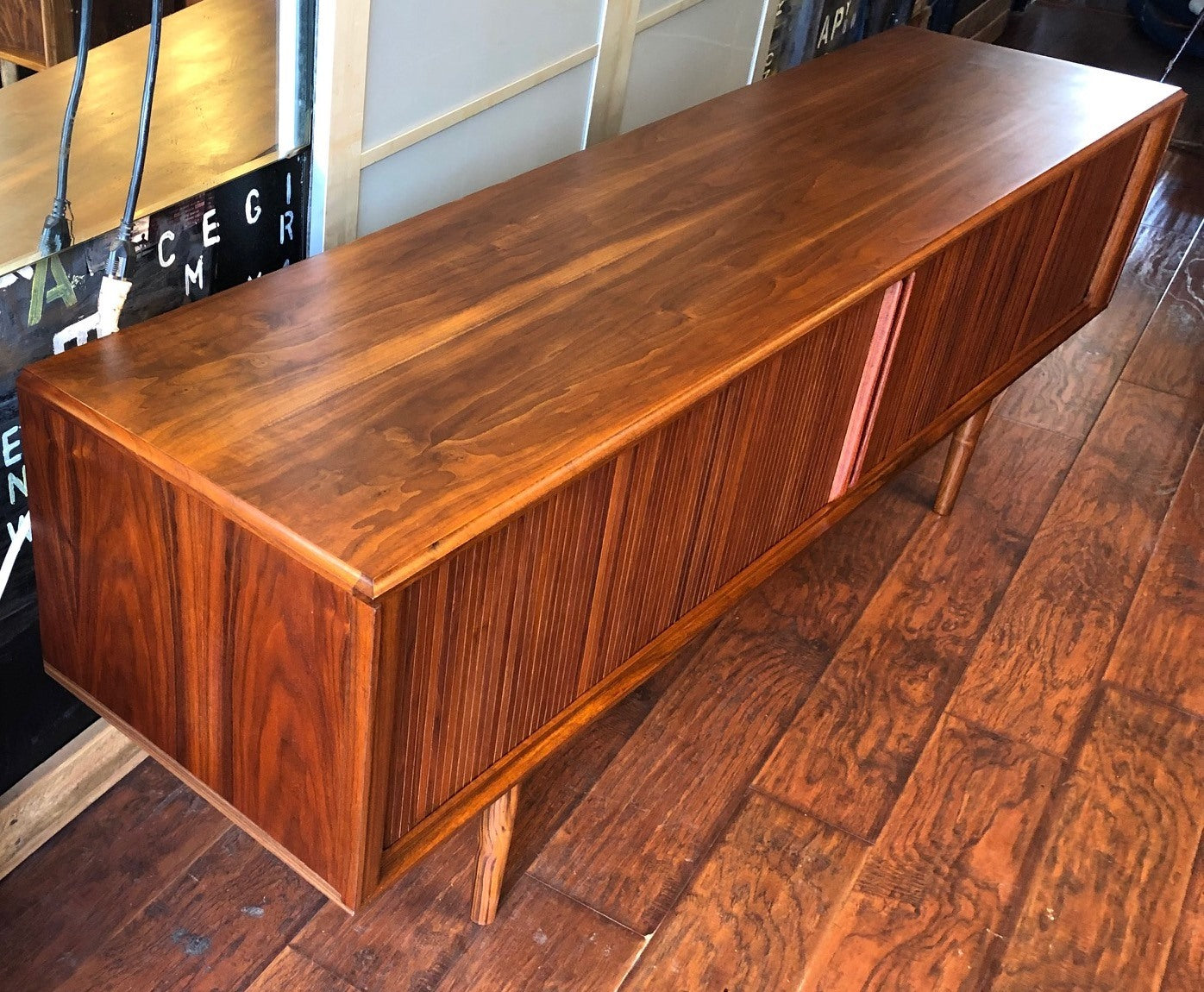 NOT AVAILABLE *****REFINISHED MCM Walnut TV Records Console Bar w Tambour door, Low Profile 6 ft - Mid Century Modern Toronto