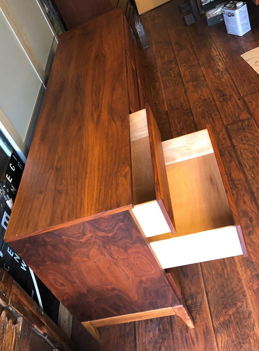 REFINISHED MCM Walnut 9 Drawers Dresser 3-Dimensional Front 6ft, perfect. Night Stands in separate listing - Mid Century Modern Toronto