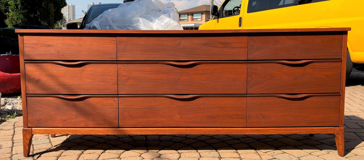 REFINISHED MCM Walnut Dresser 9 drawers compact 58.5" perfect - Mid Century Modern Toronto