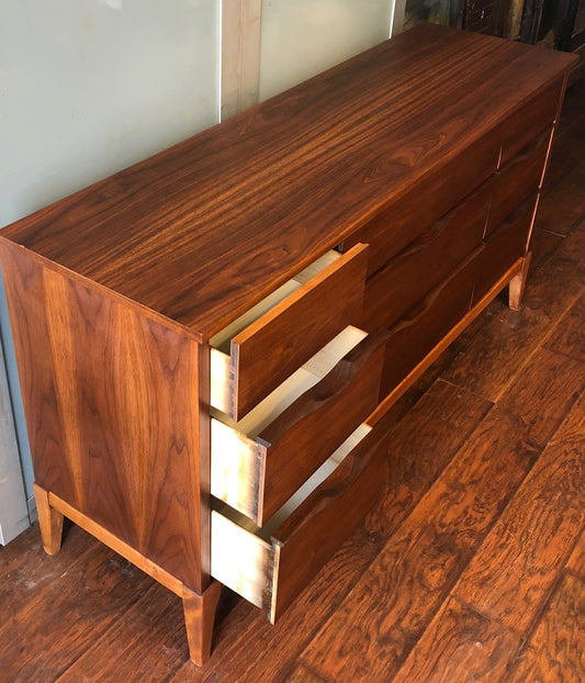 REFINISHED MCM Walnut Dresser 9 drawers compact 58.5" - Mid Century Modern Toronto