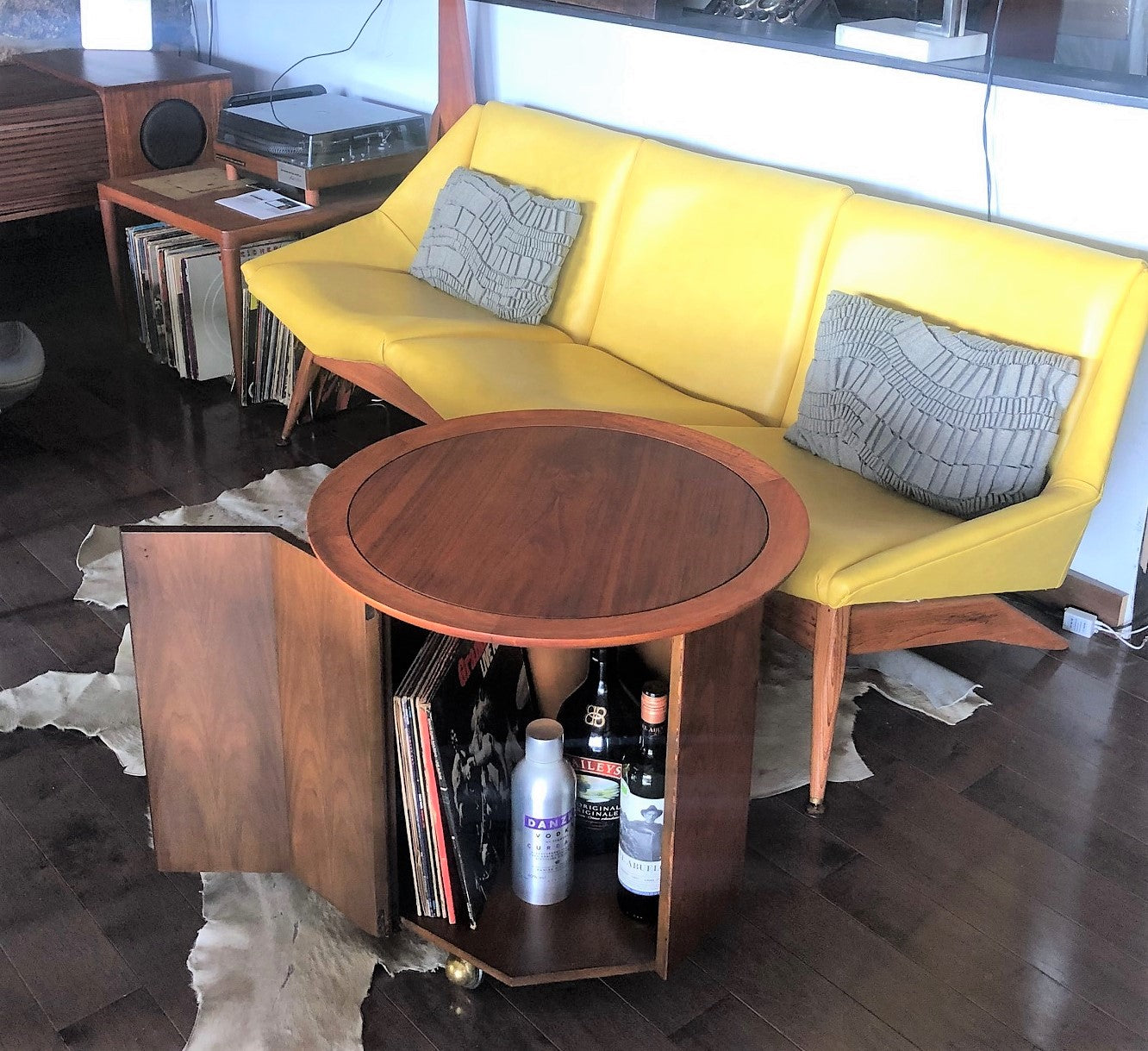 REFINISHED MCM walnut round rolling bar, LP cabinet or accent table w storage  PERFECT, treated for durability - Mid Century Modern Toronto