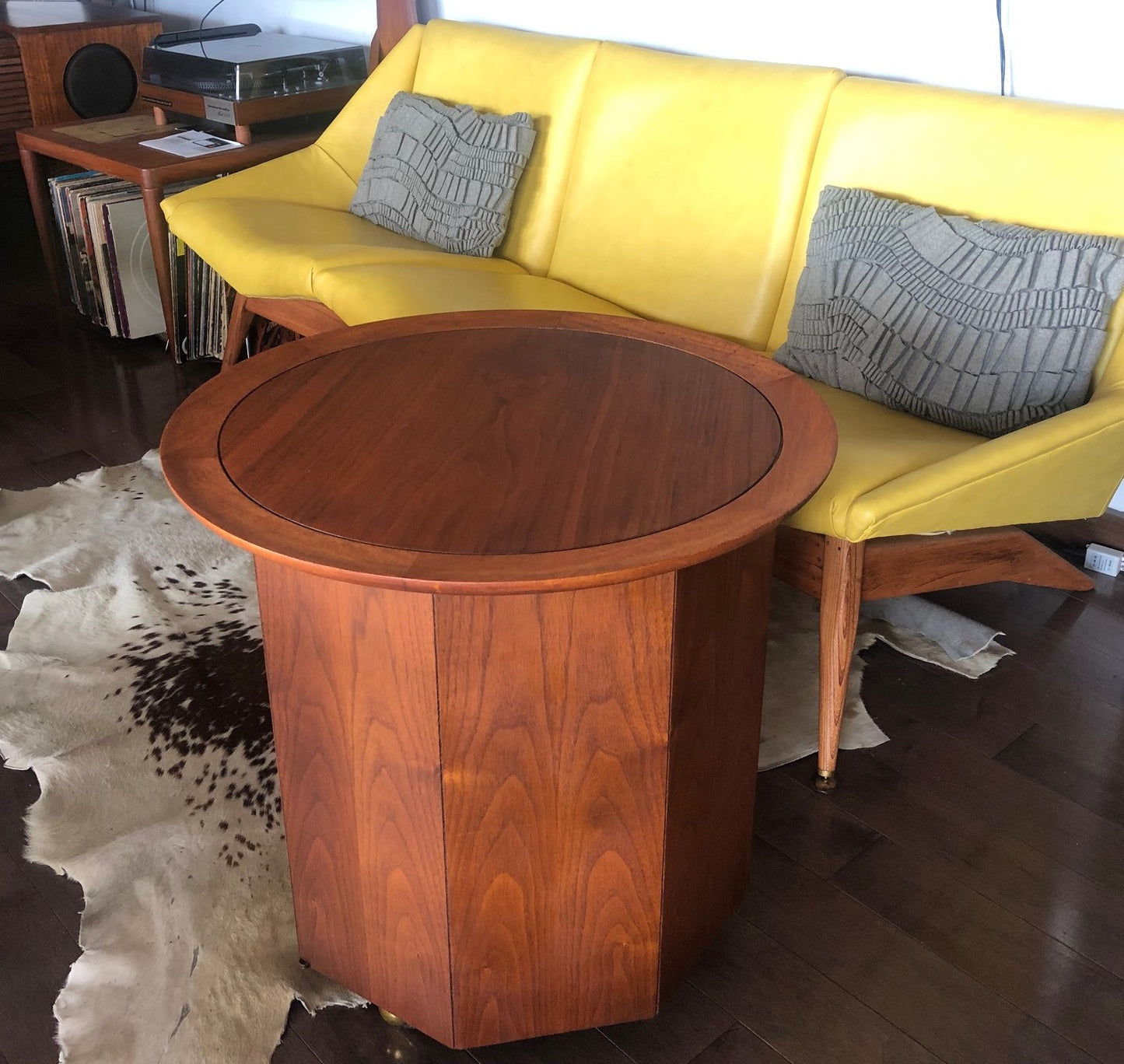 REFINISHED MCM walnut round rolling bar, LP cabinet or accent table w storage  PERFECT, treated for durability - Mid Century Modern Toronto