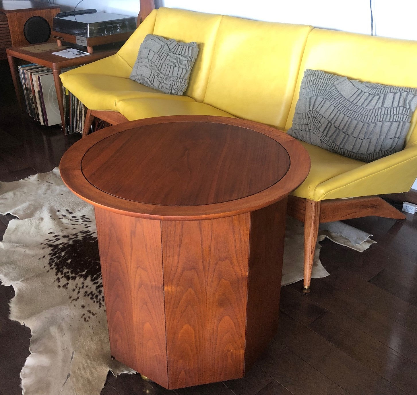REFINISHED MCM walnut round rolling bar, LP cabinet or accent table w storage  PERFECT, treated for durability - Mid Century Modern Toronto