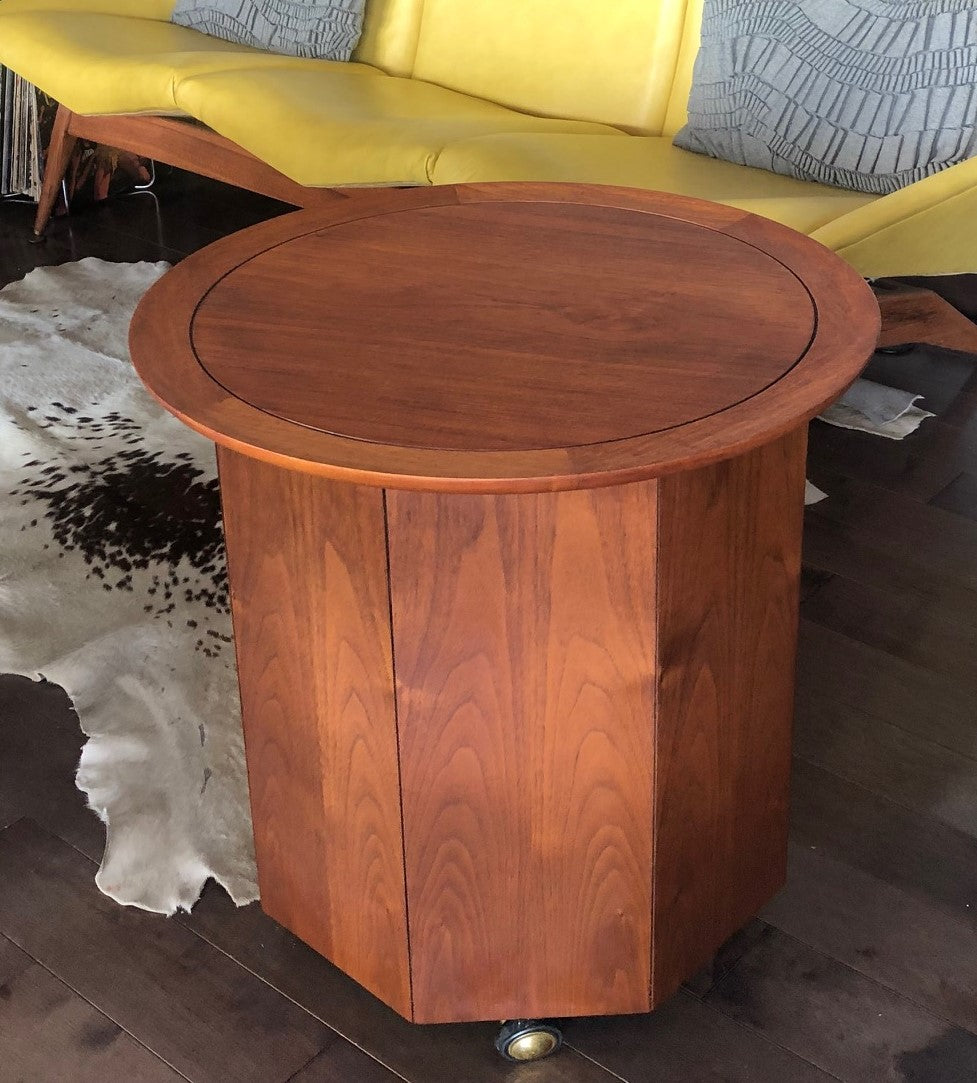 REFINISHED MCM walnut round rolling bar, LP cabinet or accent table w storage  PERFECT, treated for durability - Mid Century Modern Toronto