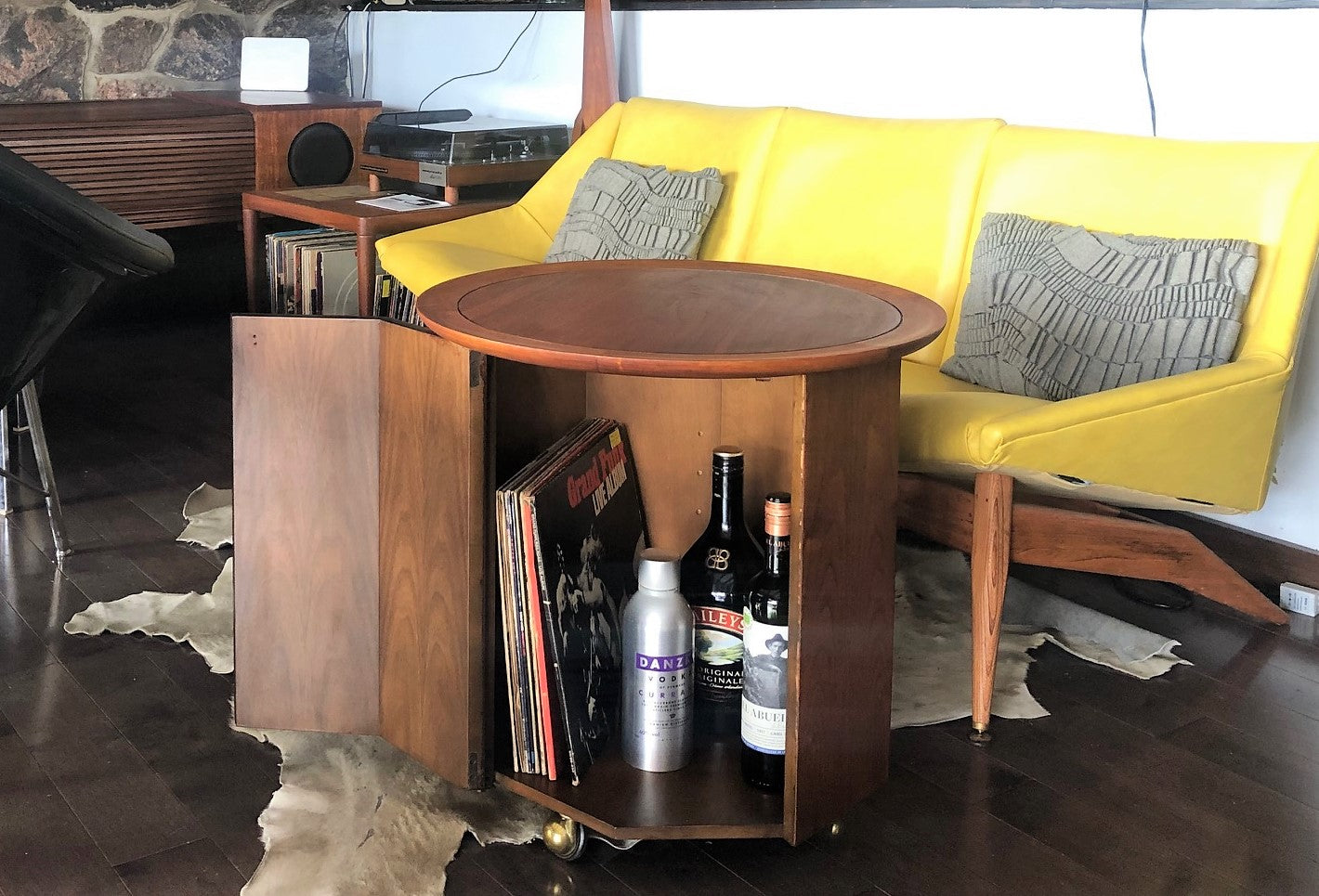 REFINISHED MCM walnut round rolling bar, LP cabinet or accent table w storage  PERFECT, treated for durability - Mid Century Modern Toronto