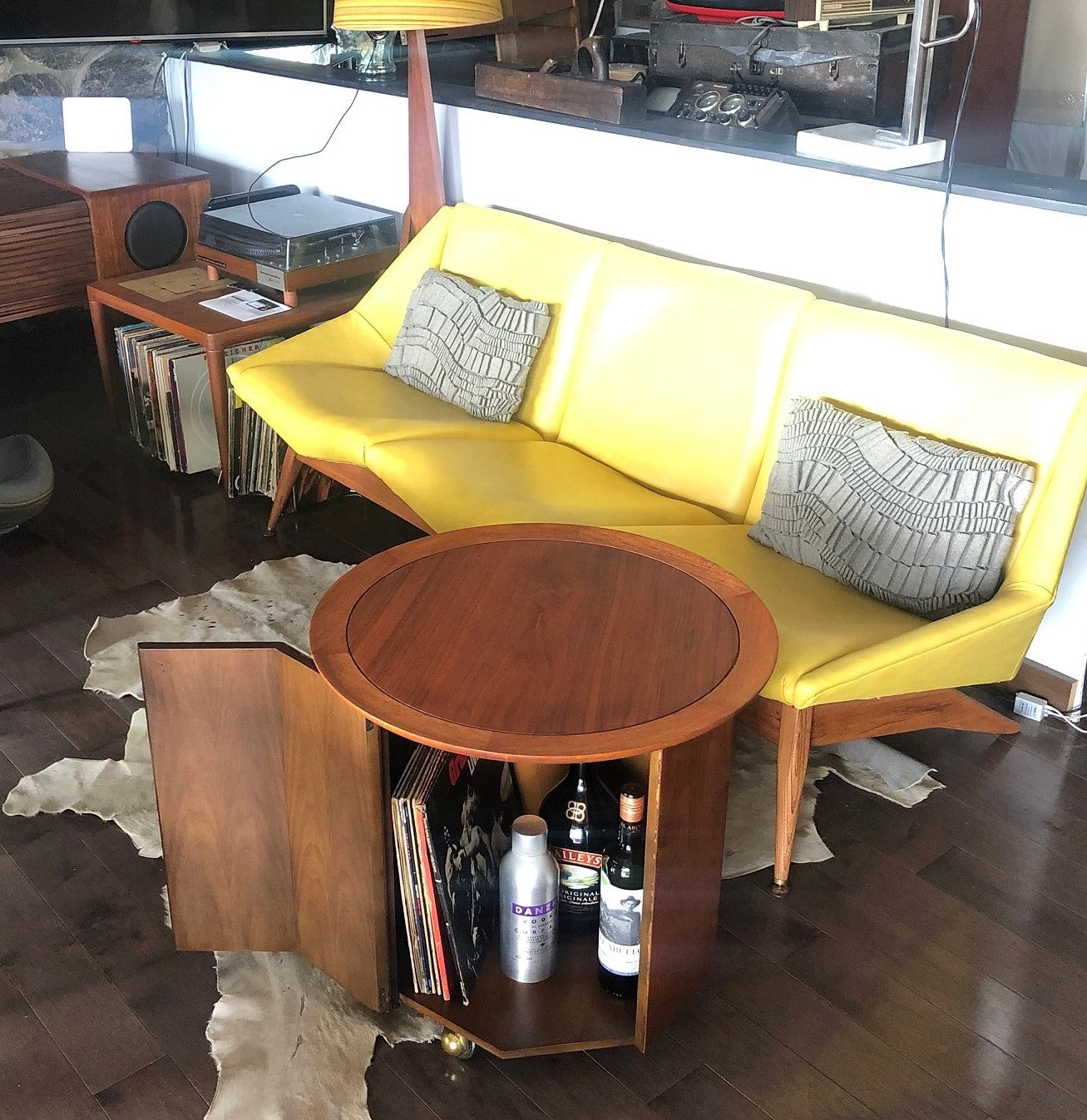 REFINISHED MCM walnut round rolling bar, LP cabinet or accent table w storage  PERFECT, treated for durability - Mid Century Modern Toronto