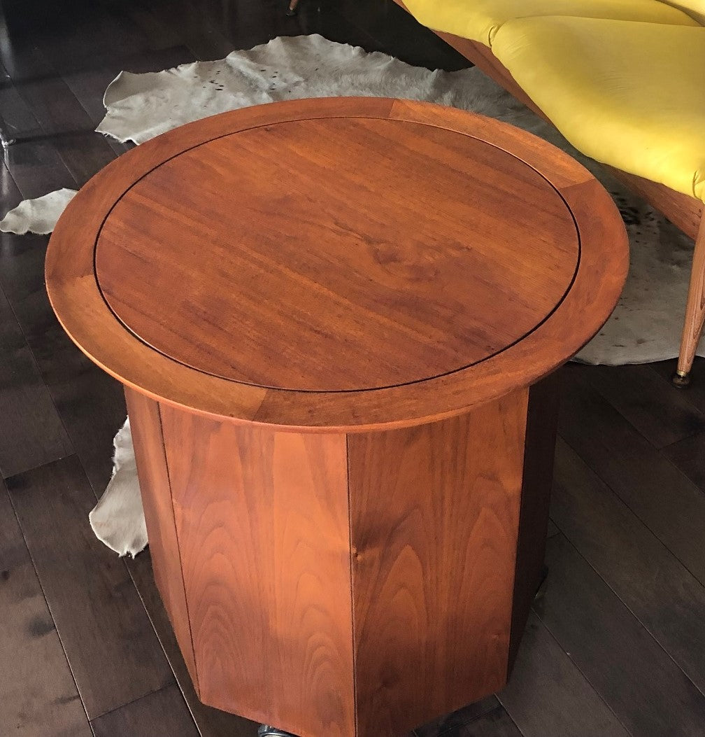 REFINISHED MCM walnut round rolling bar, LP cabinet or accent table w storage  PERFECT, treated for durability - Mid Century Modern Toronto