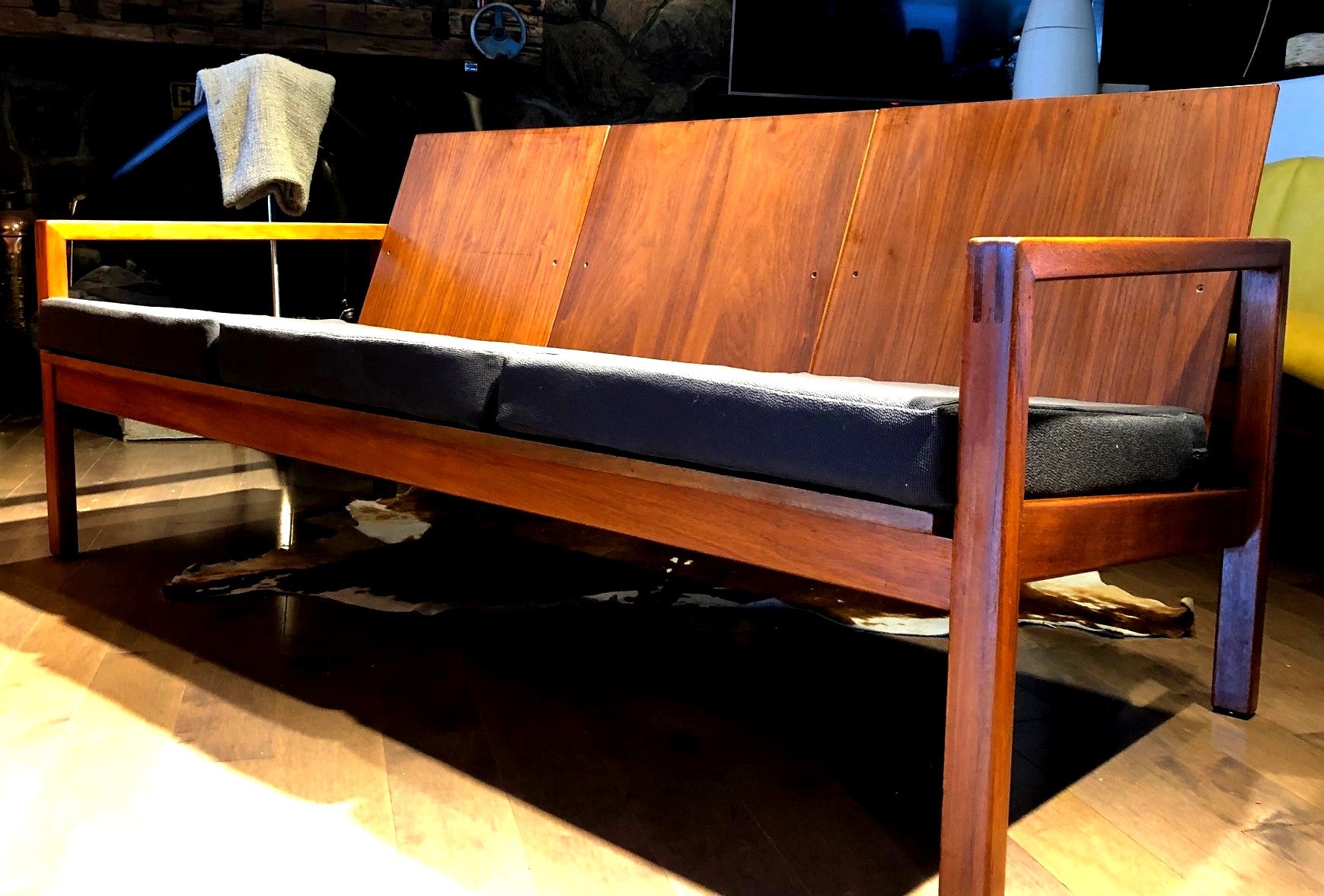 REFINISHED Walnut MCM Sofa Daybed w new dark grey Maharam cushions - Mid Century Modern Toronto