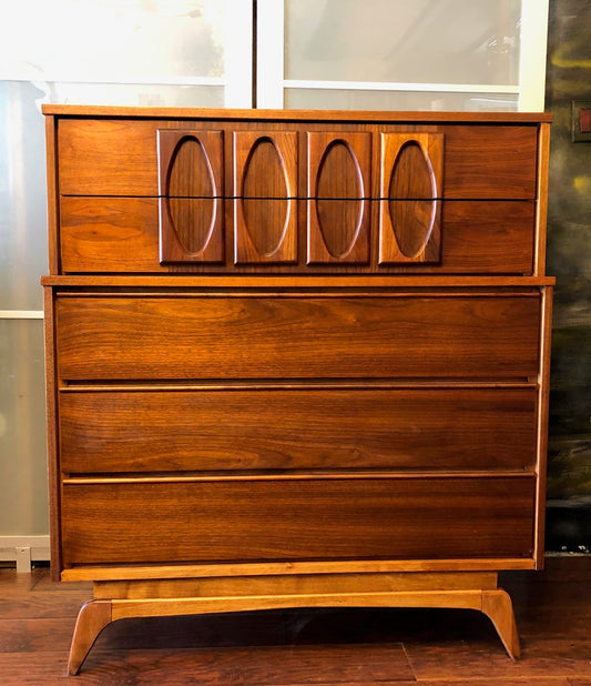 REFINISHED MCM Walnut Sculpted Walnut Tallboy Dresser, PERFECT - Mid Century Modern Toronto
