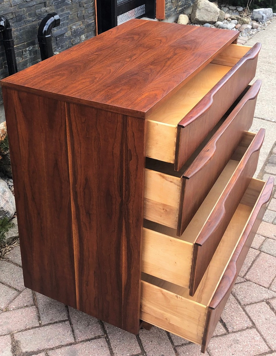 REFINISHED MCM Walnut Tallboy Dresser 4 Drawers PERFECT, compact 34" - Mid Century Modern Toronto